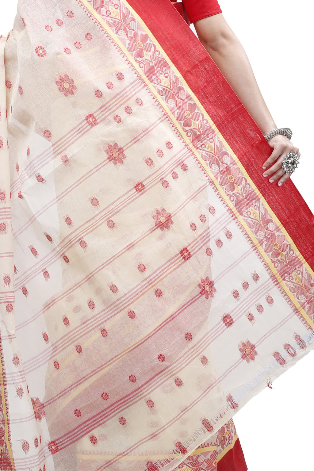Cream Red Pure Cotton BolLata_Tant Tant Saree (201)